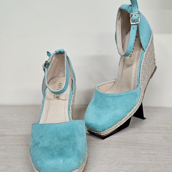 Turquoise Suede Ankle-Strap Espadrille Wedges - Picture 3 of 6